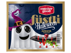Halloween-i áfonyás füstli kolbász szellemes csomagolásban.