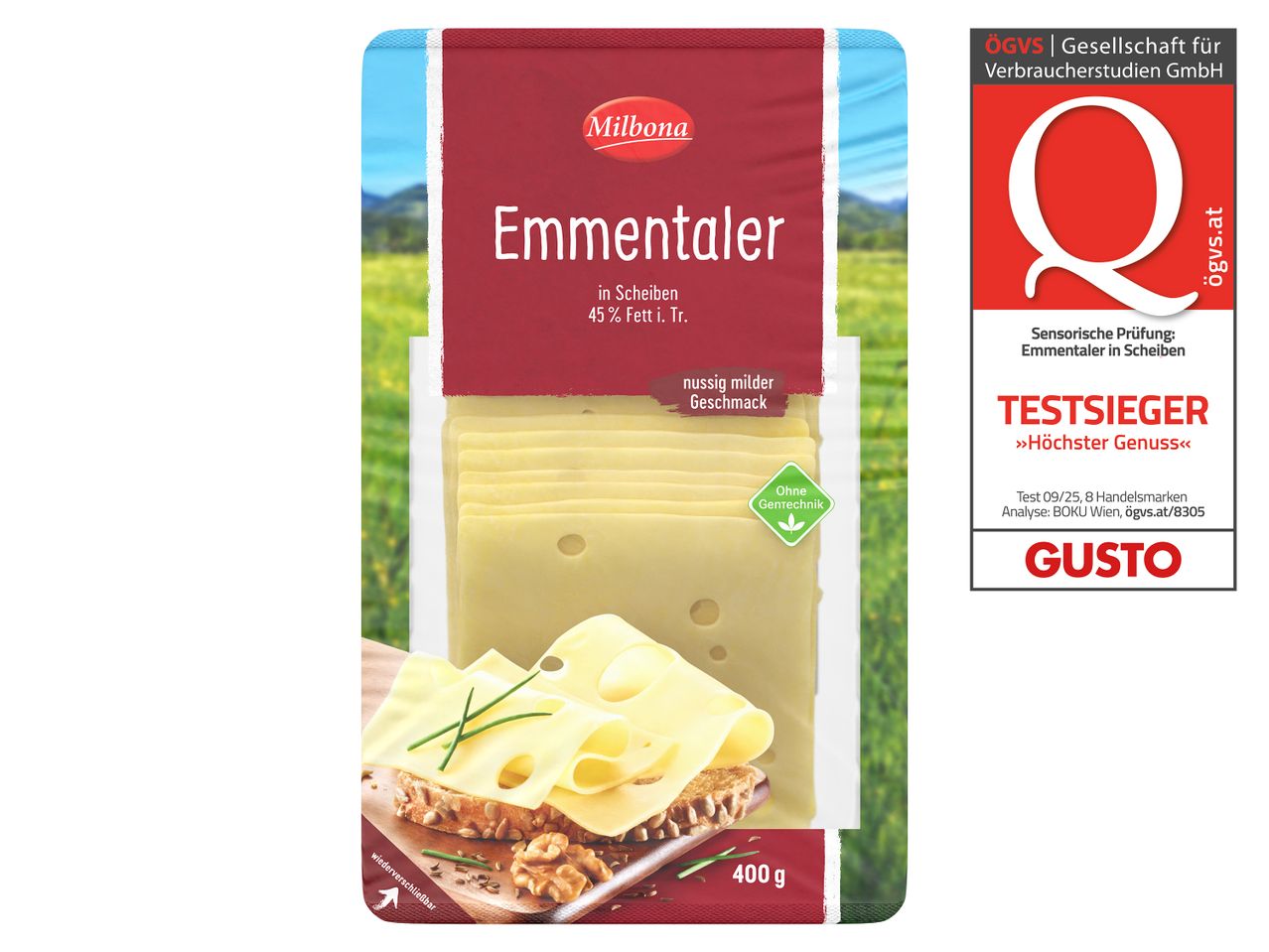 Milbona Emmentaler in Scheiben, 400g Packung, mit nussig mildem Geschmack und ohne Gentechnik.