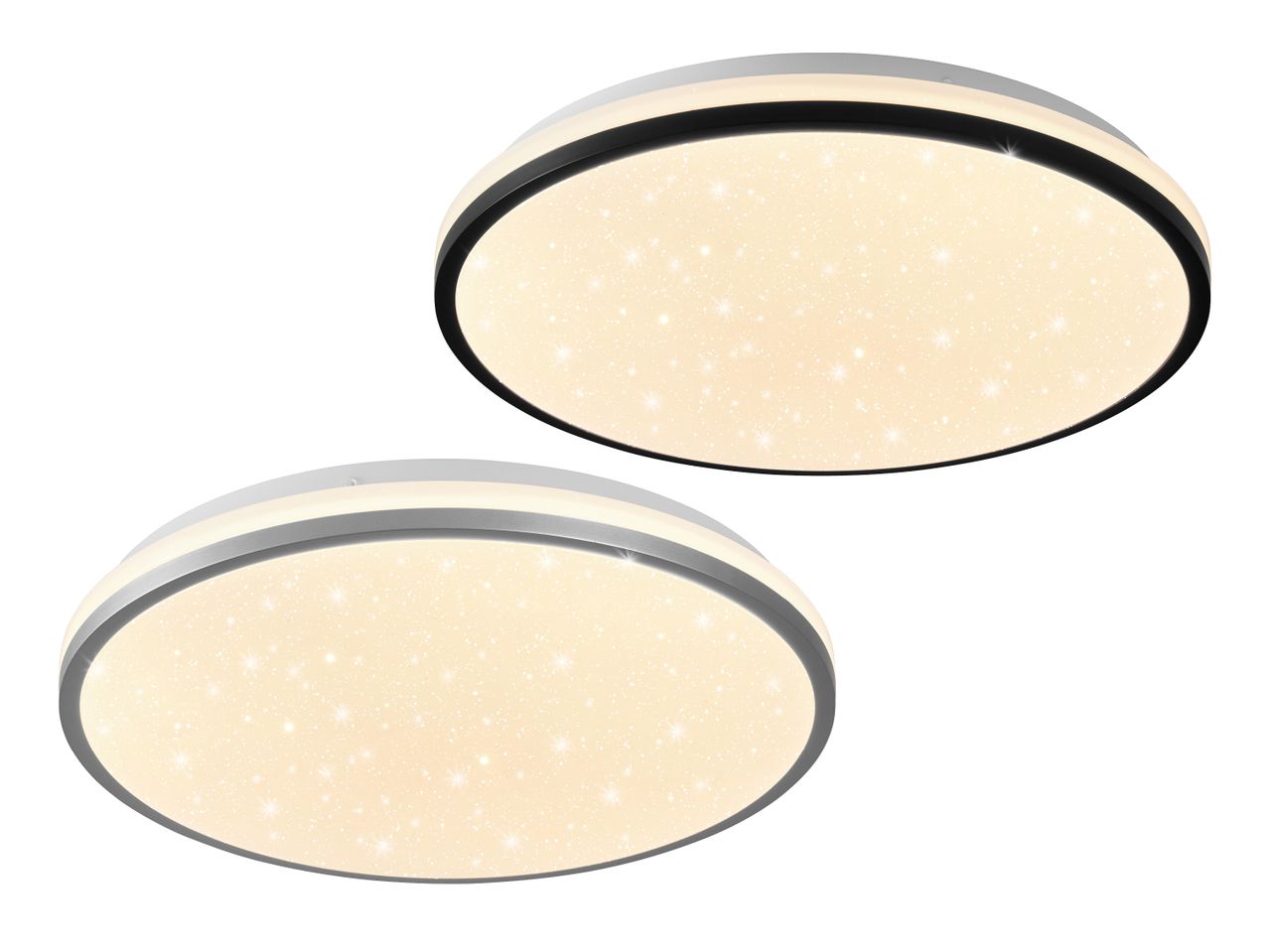 Zwei runde LED-Deckenleuchten mit Sternenhimmeleffekt, eine mit schwarzem und eine mit silbernem Rand.