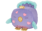 Purple plush toy with a gold crown, heart details, and blue fluffy accents.