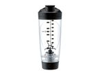 A transparent electric protein shaker with a black lid and base, featuring measurement markings.