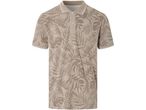 Beige men's short-sleeved polo shirt with a tropical leaf print.