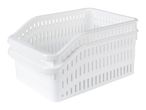 Two white plastic storage baskets with open sides.