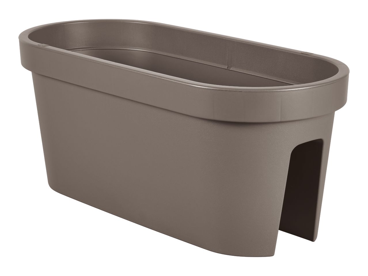 Brown oval balcony planter with a cut-out for railing attachment.