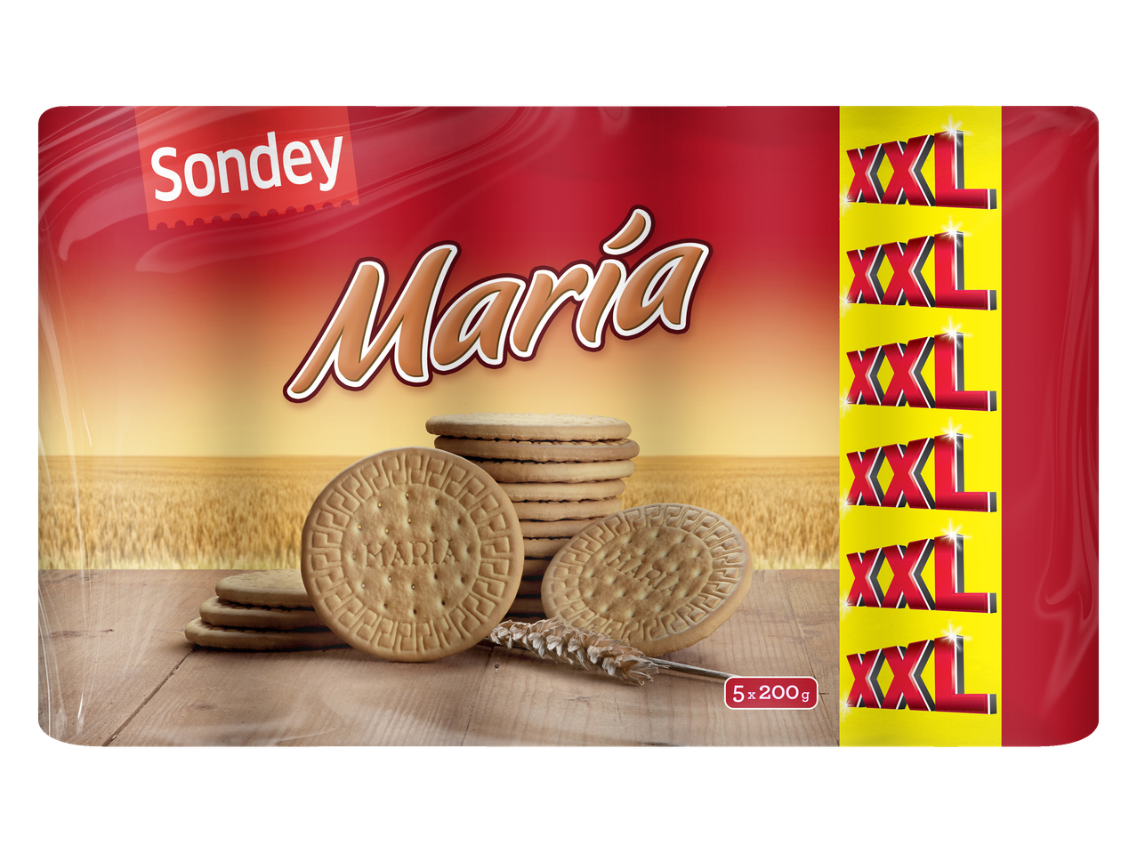 Sondey María XXL koekjesverpakking toont een stapel grote biscuits op een houten oppervlak met een tarweveld op de achtergrond.
