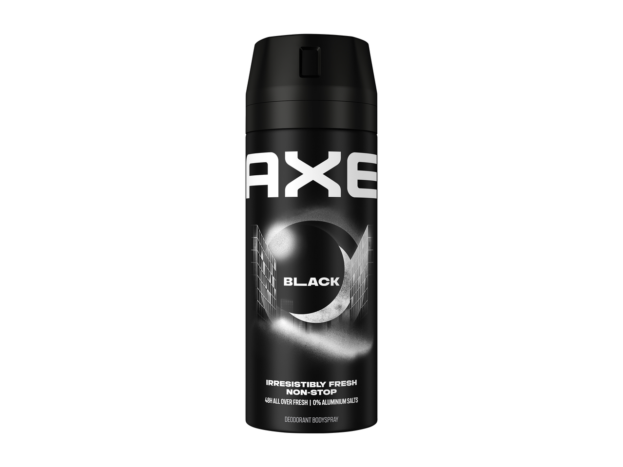 Zwarte deodorant bodyspray met een afbeelding van een maan en wolkenkrabbers.
