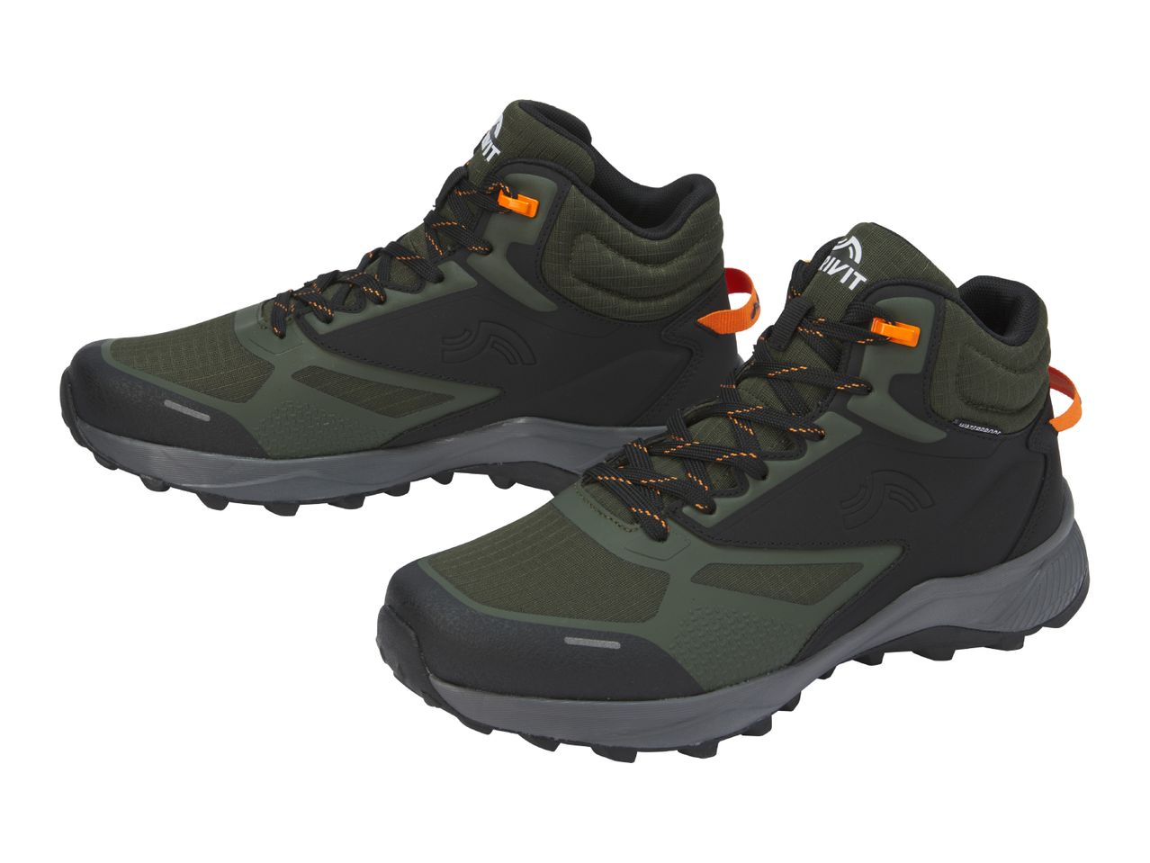 A pair of dark green and black waterproof hiking boots with orange details