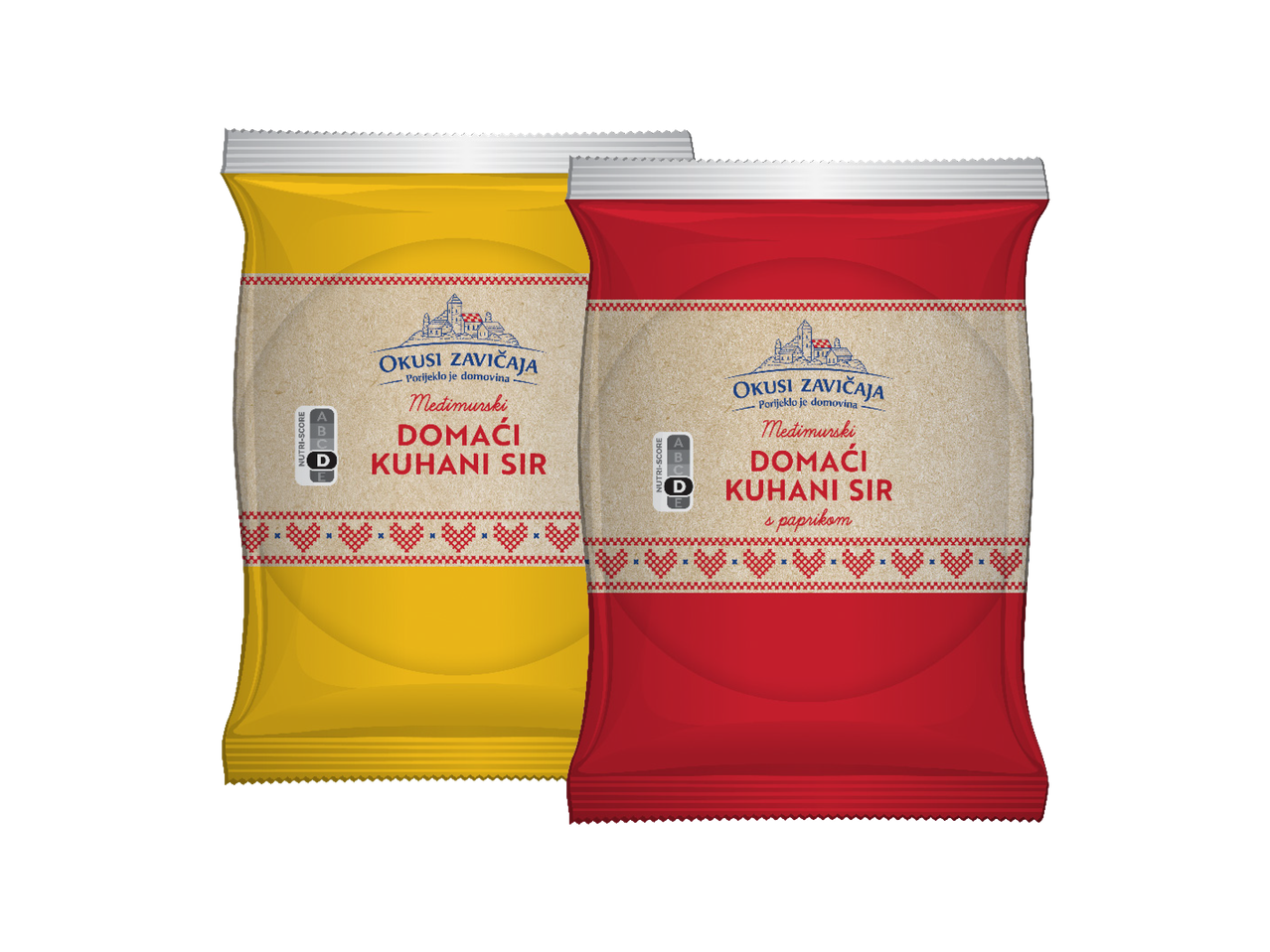 Dva pakiranja Međimurskog domaćeg kuhanog sira Okusi zavičaja, jedan običan i jedan s paprikom.
