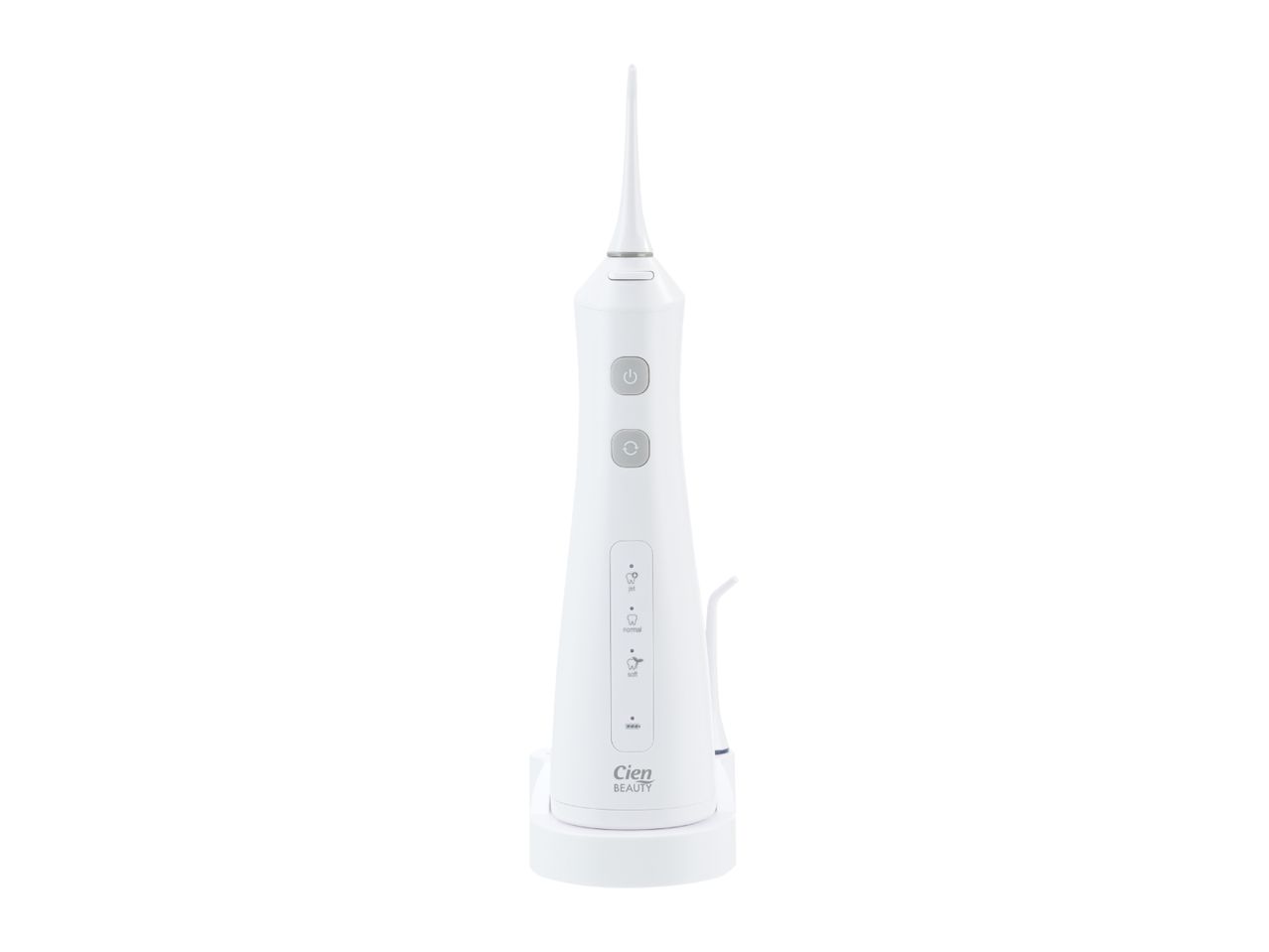 White cordless water flosser with multiple modes on a charging base.
