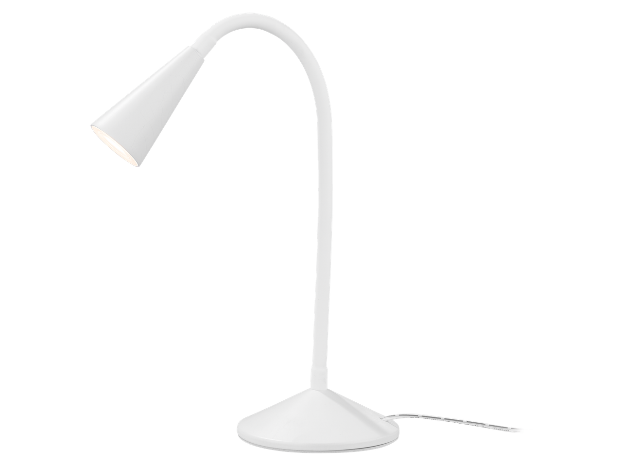 Candeeiro de leitura LED de mesa Livarno, branco, com pescoço flexível e base redonda.