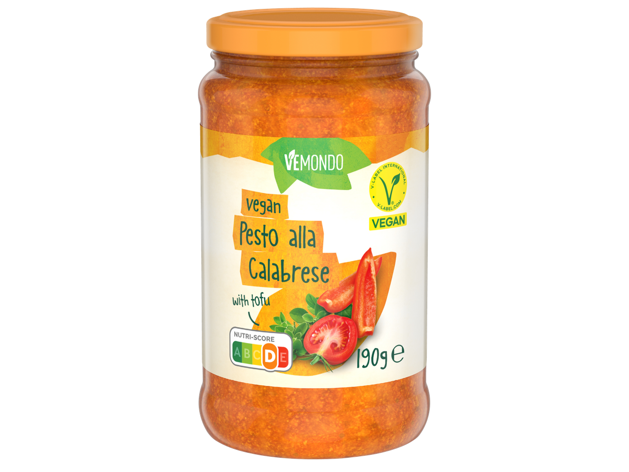 Веган песто по калабрийски с тофу в буркан, с Nutri-Score D и V-Label Vegan.