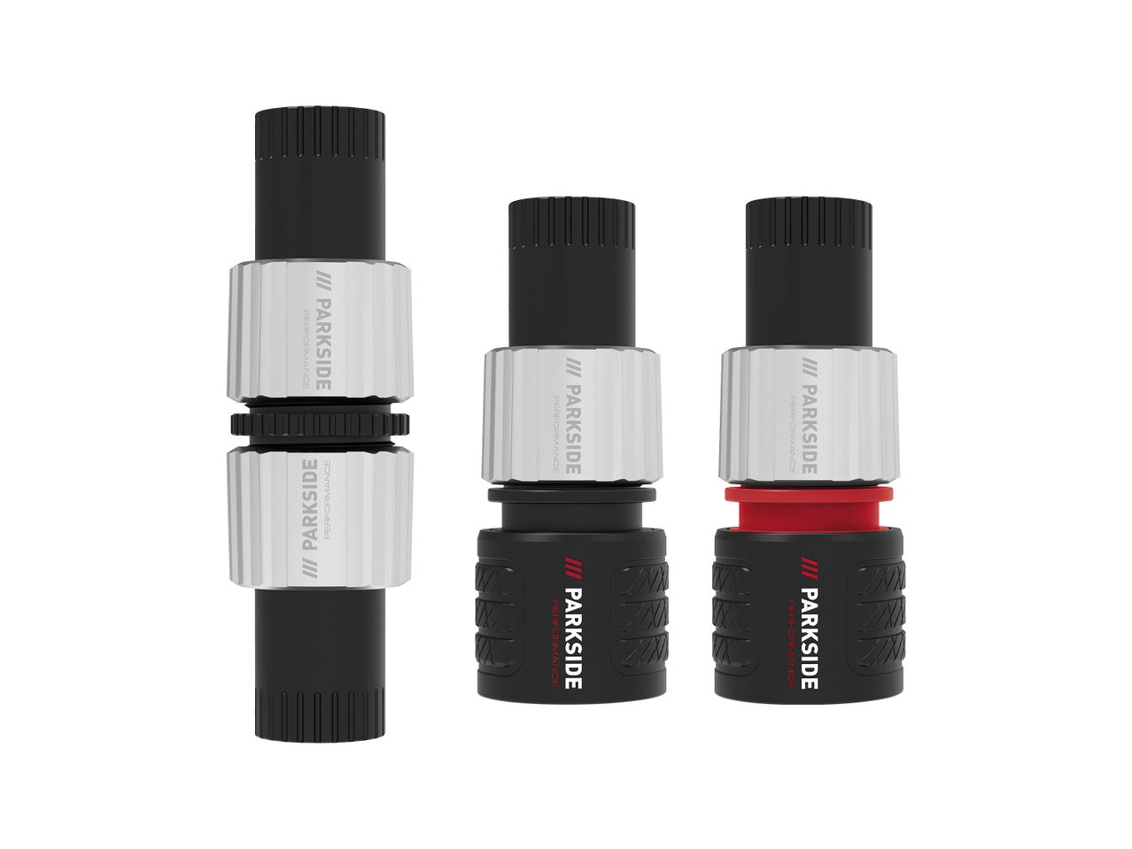 Drei schwarze und silberne Werkzeugaufsätze, einer davon mit rotem Akzent, auf weißem Hintergrund.