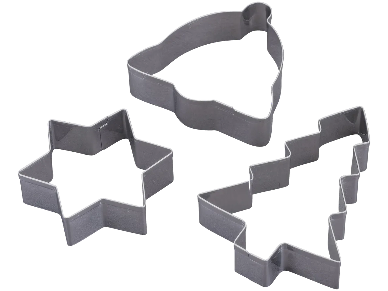 Kolm metallist küpsisevormi, sealhulgas täht, jõulupuu ja müts.