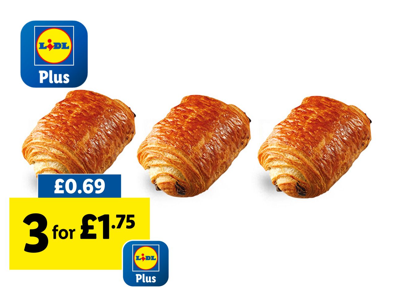 Three Lidl Plus pain au chocolat pastries; £1.75 for three.
