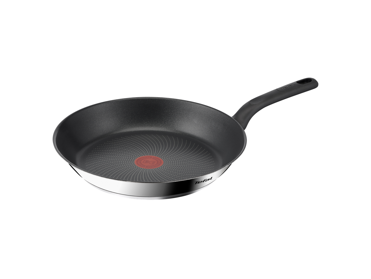 Tefal frying pan with black handle.