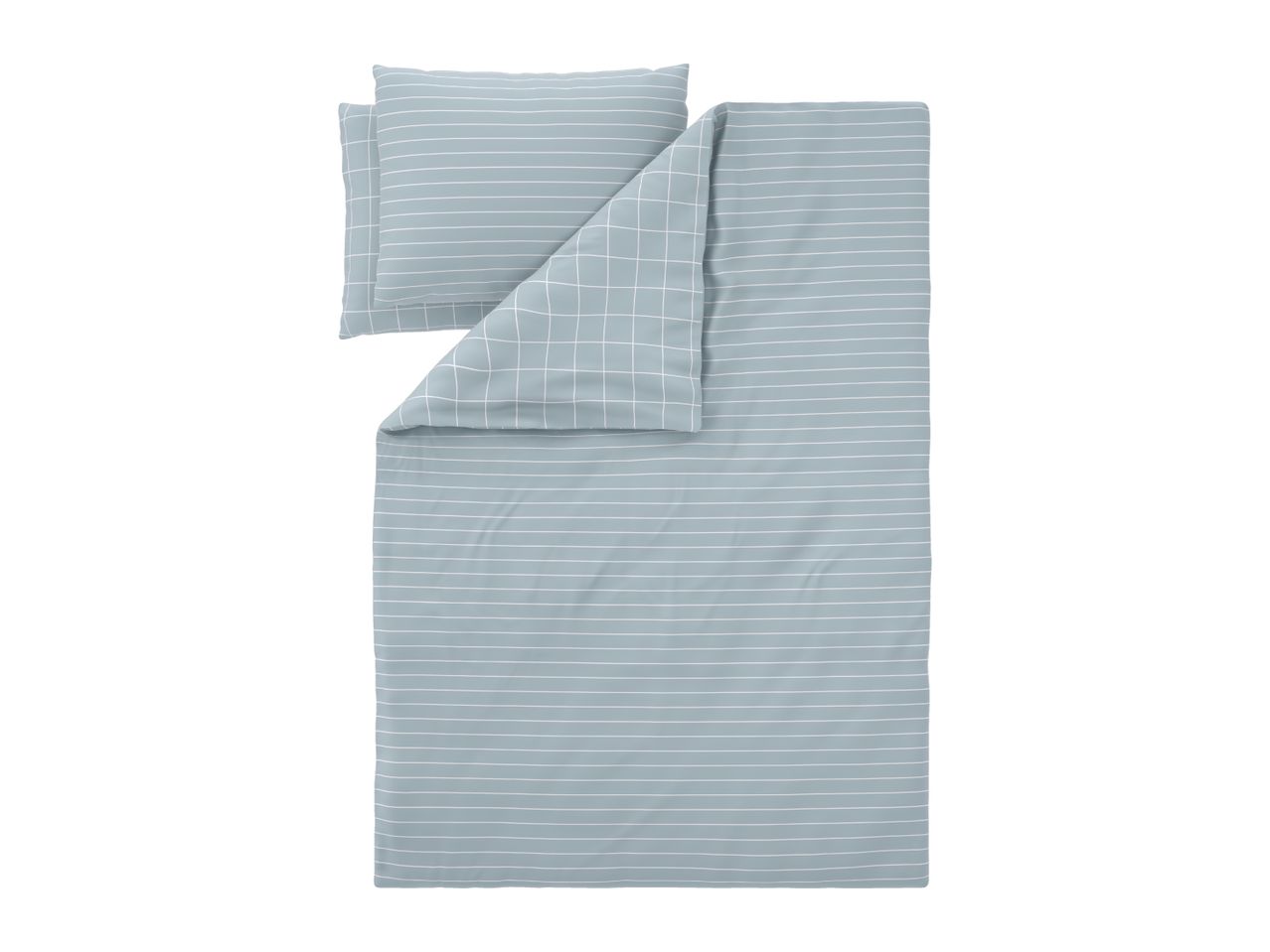 Light blue duvet cover and pillowcase set with white stripes and grid patterns.