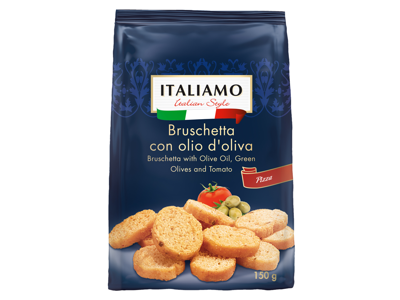 ITALIAMO: Bruschetta com azeite de oliva, azeitonas verdes e tomate.