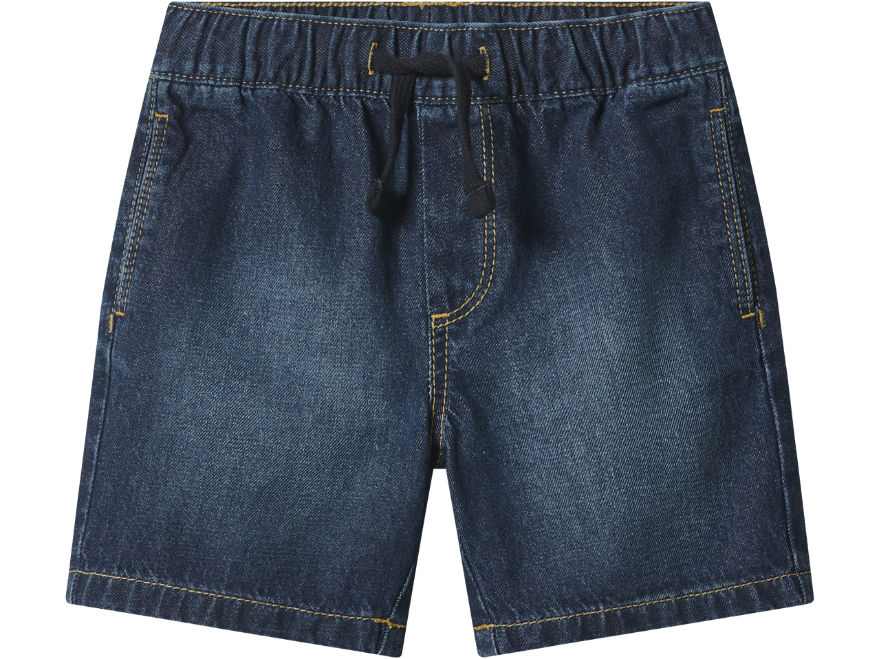 Dark blue denim shorts with an elasticated waist and drawstring.
