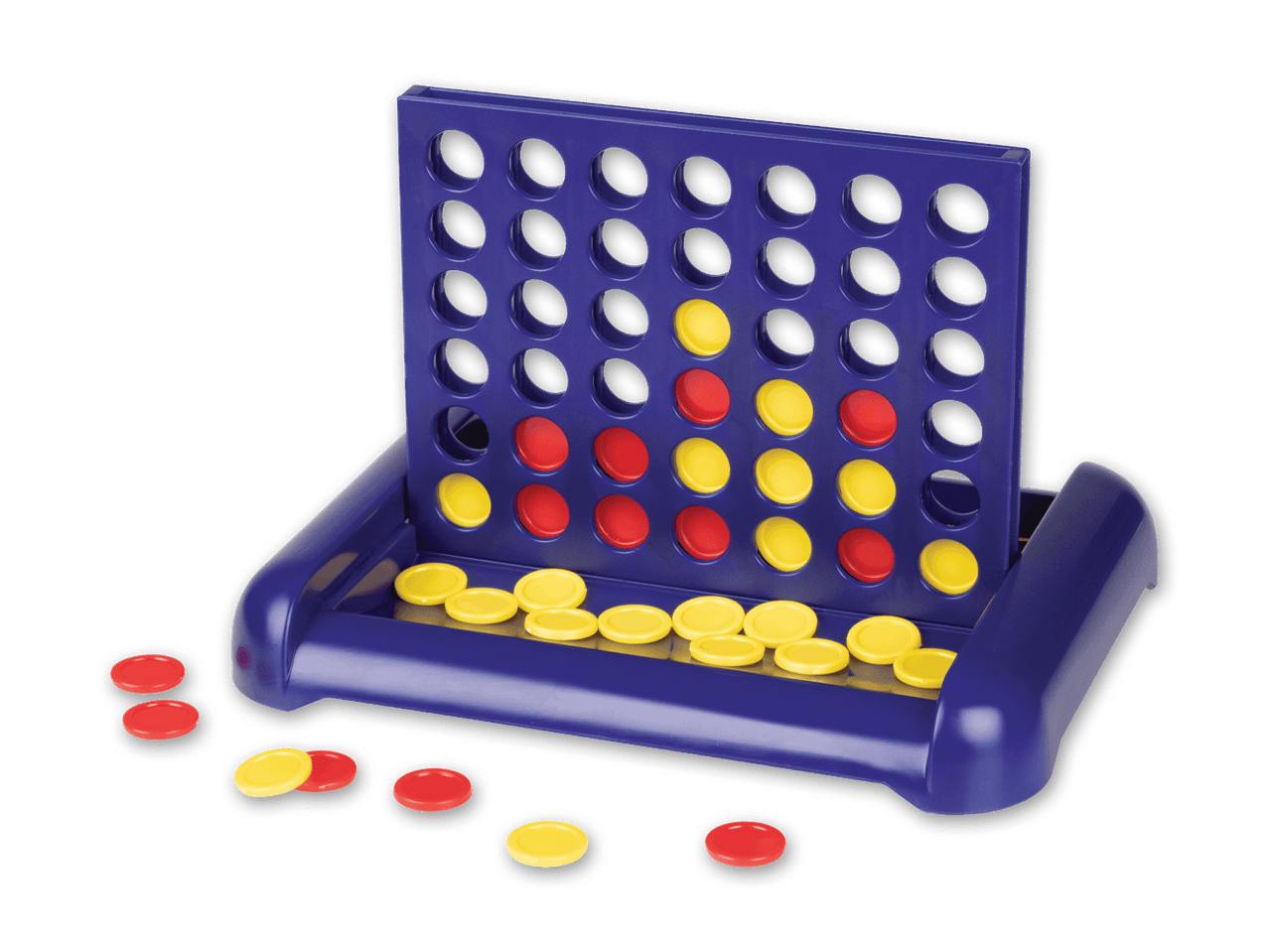 Ein Reise-Vier-gewinnt-Spiel mit roten und gelben Spielsteinen.