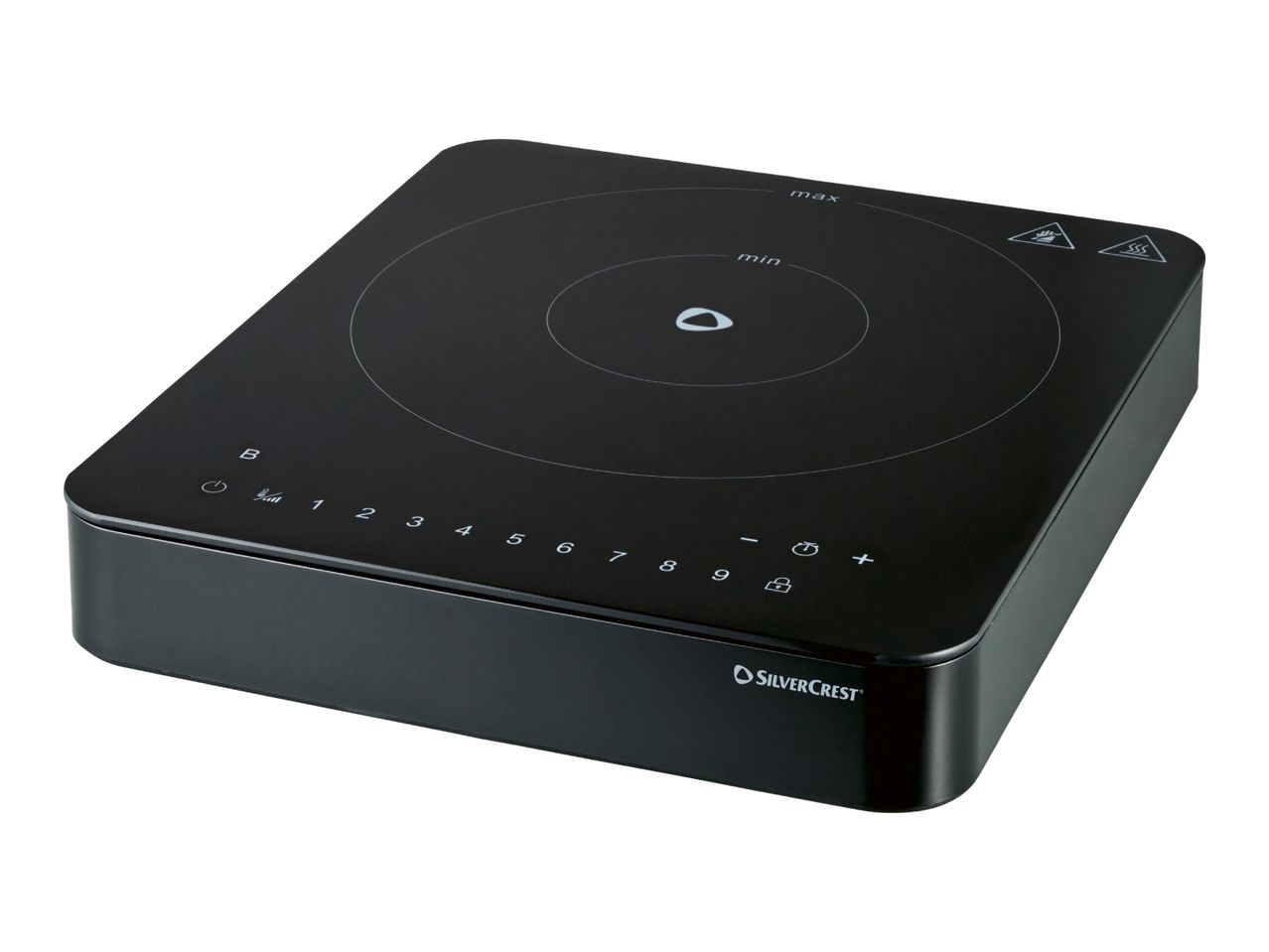 Black portable induction hob with touch controls and a single cooking zone.