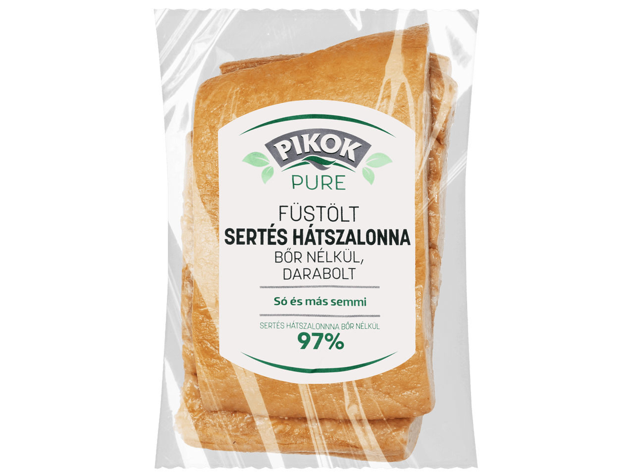 Füstölt sertés hátszalonna bőr nélkül, darabolt kiszerelésben.