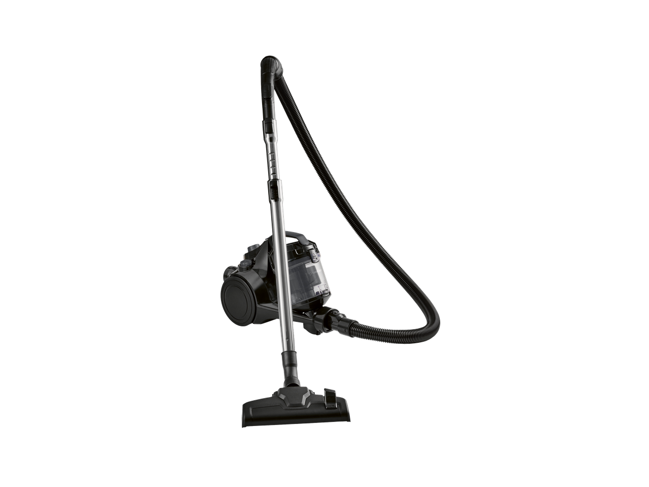 Black cylinder vacuum cleaner with a silver telescopic tube and a flexible hose.