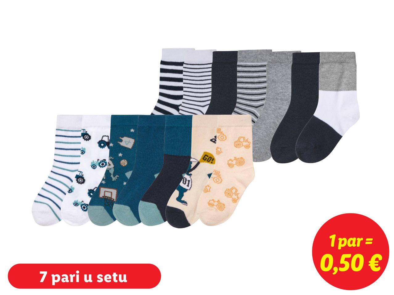 Set od 7 pari dječjih čarapa s različitim uzorcima i bojama.