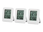 Three white digital thermometers displaying 27.9°C and 56% humidity with a happy face icon.