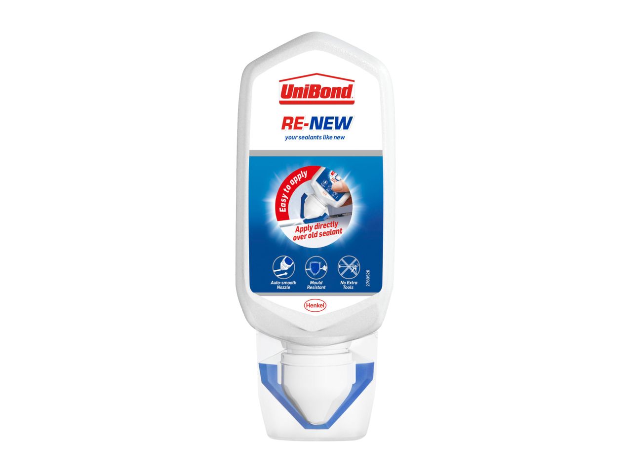 White sealant bottle with blue label, featuring 'RE-NEW' and application instructions.