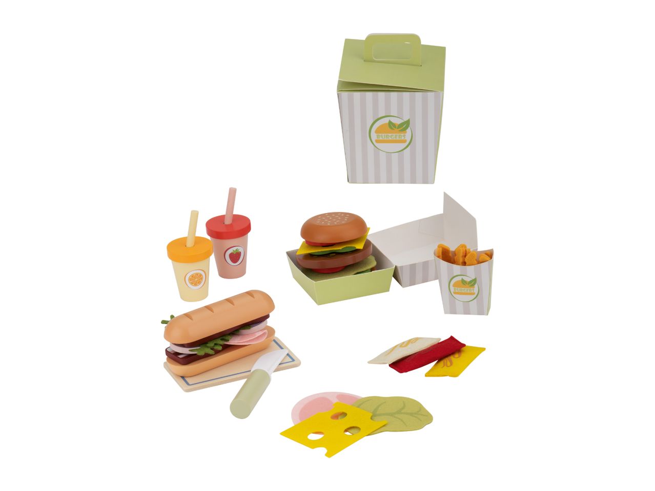 Toy fast food set with burger, fries, sandwich, drinks, and condiments.