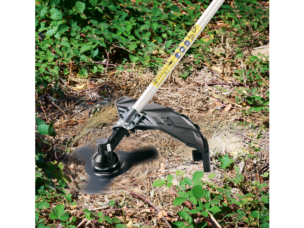 PARKSIDE® 4-in-1 Petrol Multi Tool trimming weeds and brambles in a garden.