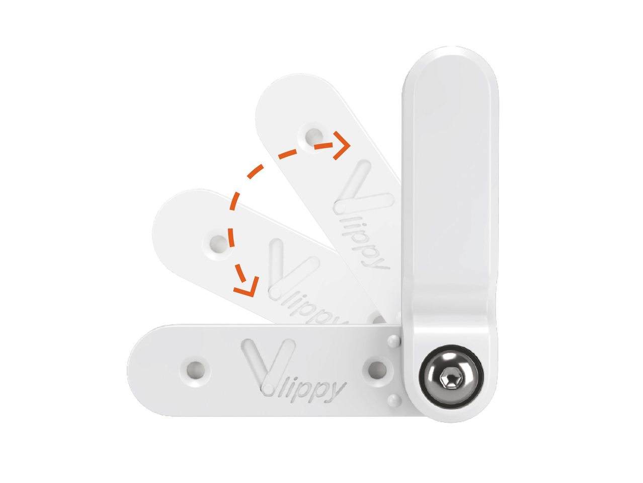 Weißer VLIPPY Tür- und Fensterstopper mit orangefarbenen Bewegungspfeilen.