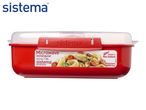 Red rectangular microwave container with a clear lid, featuring pasta with tomatoes and basil.