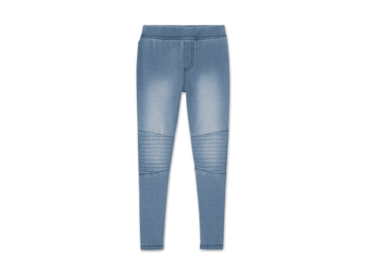 Hellblaue Jeansleggings mit Kniepolstern.