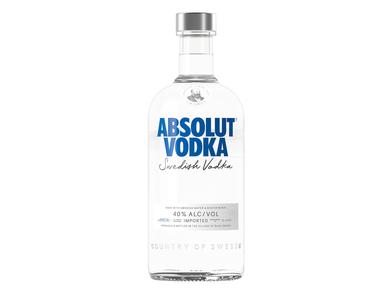Sticlă de Absolut Vodka, 40% ALC/VOL, Vodcă Suedeză, produsă în Åhus, Suedia.