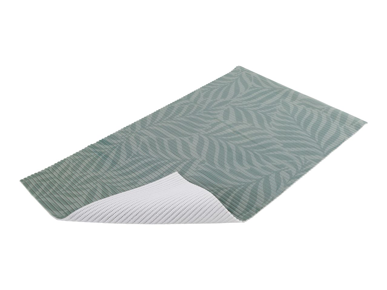 Green bath mat with a leaf pattern and a white non-slip backing
