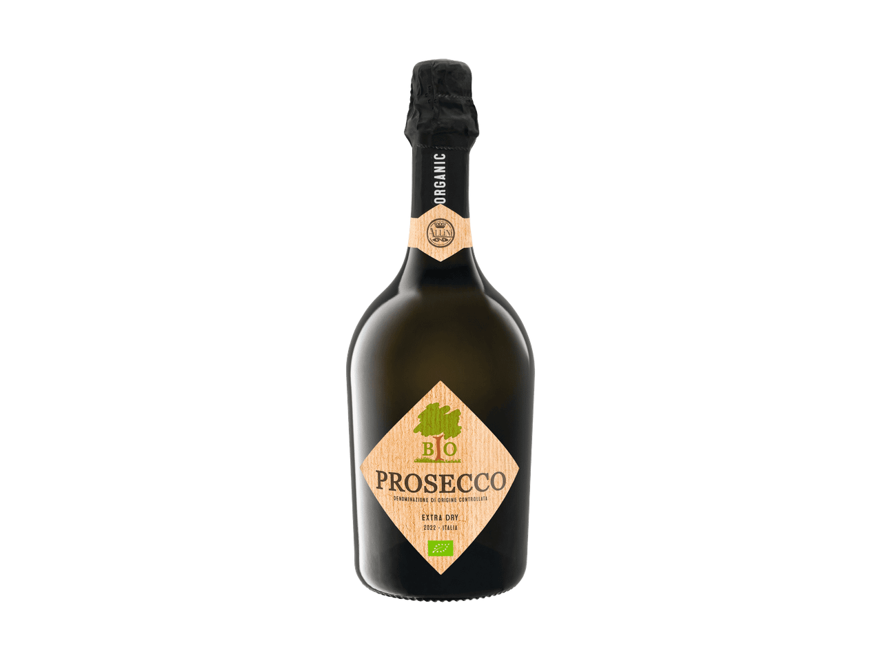 Bottiglia di Prosecco biologico extra dry con etichetta in legno.