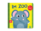 Ein Kinderbuch mit dem Titel 'Im Zoo' zeigt einen niedlichen Elefanten.