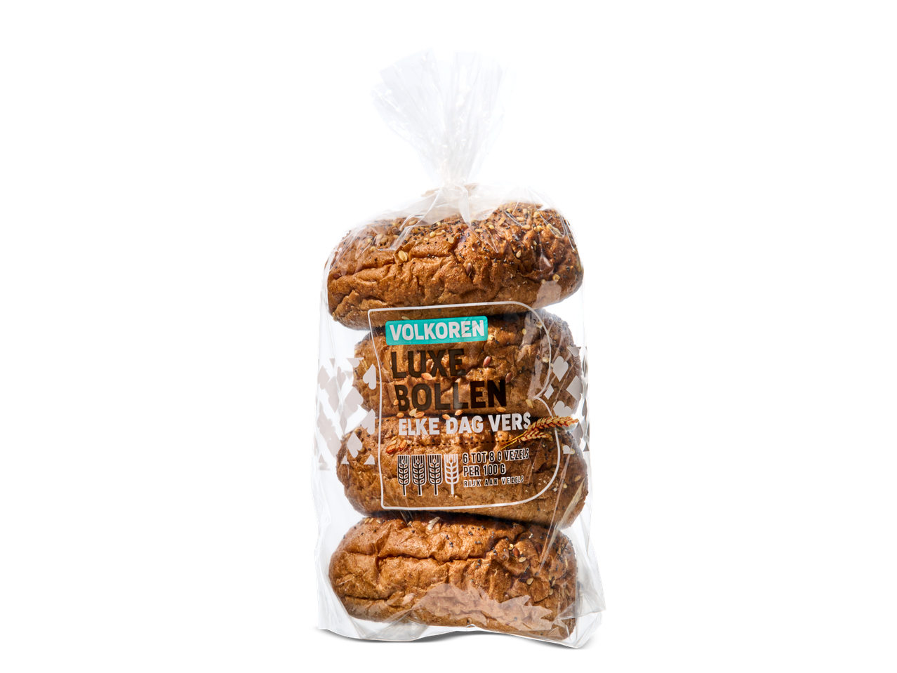 Volkoren Luxe Bollen: volkorenbroodjes in een zak.