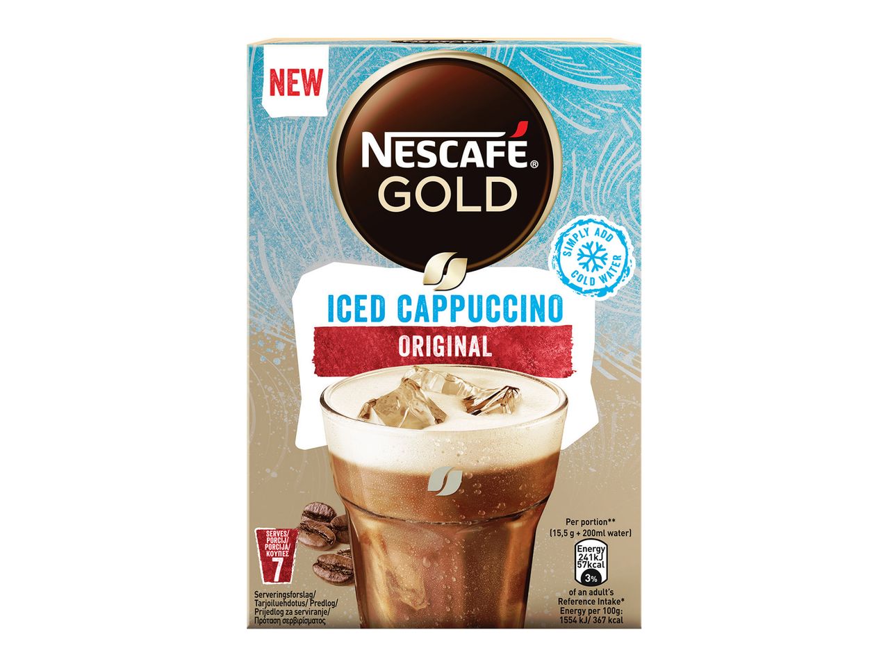 Συσκευασία Nescafe Gold Iced Cappuccino Original με εικόνα παγωμένου καπουτσίνο.
