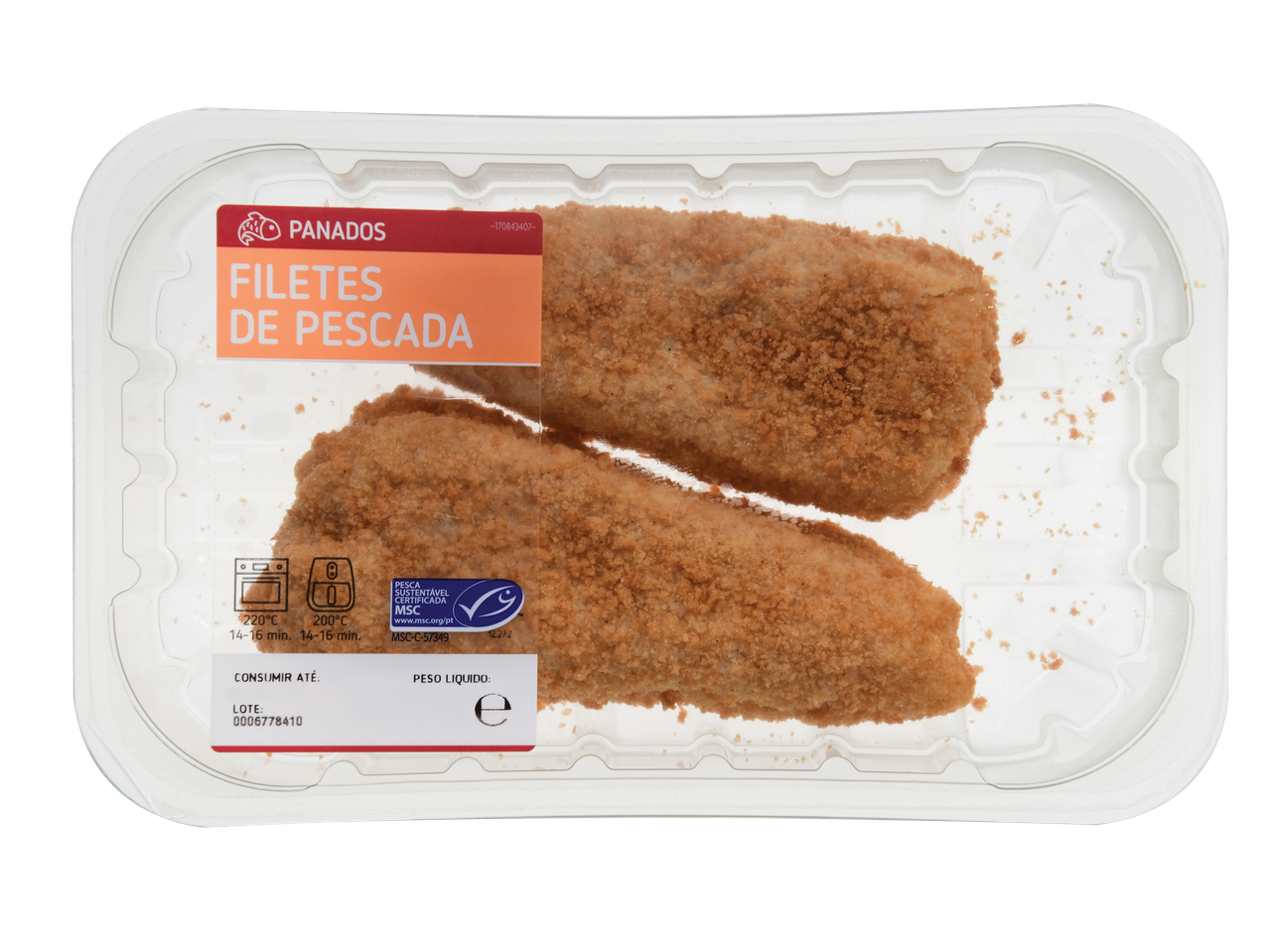 Dois filetes de pescada panados numa embalagem de plástico transparente, rotulados como 'Filetes de Pescada Panados'.