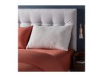 A bed with a light grey tufted headboard, rust-colored bedding, and a white Copper pillow.