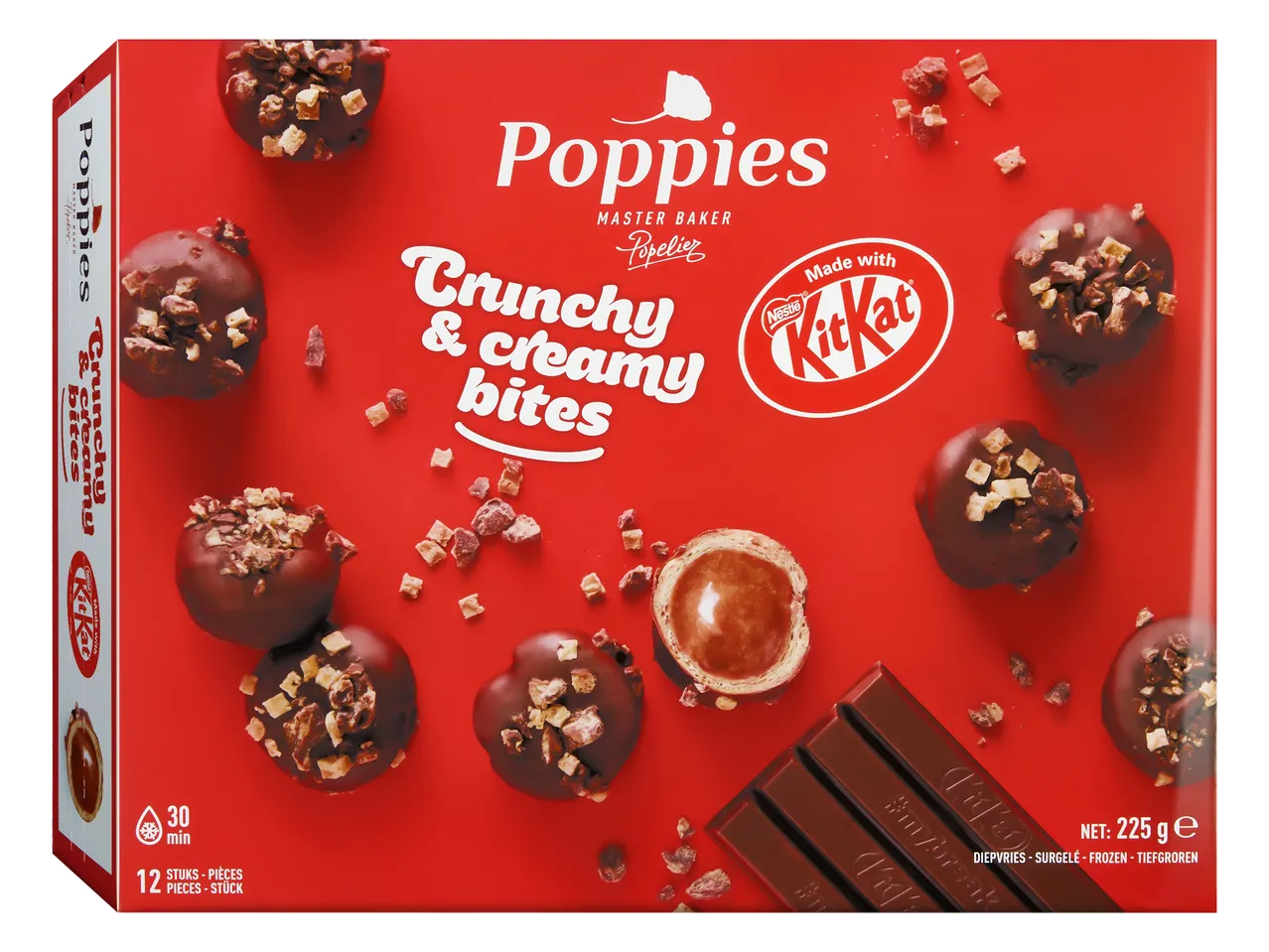 Boîte de bouchées croustillantes et crémeuses au chocolat, avec des barres de chocolat et des pépites.