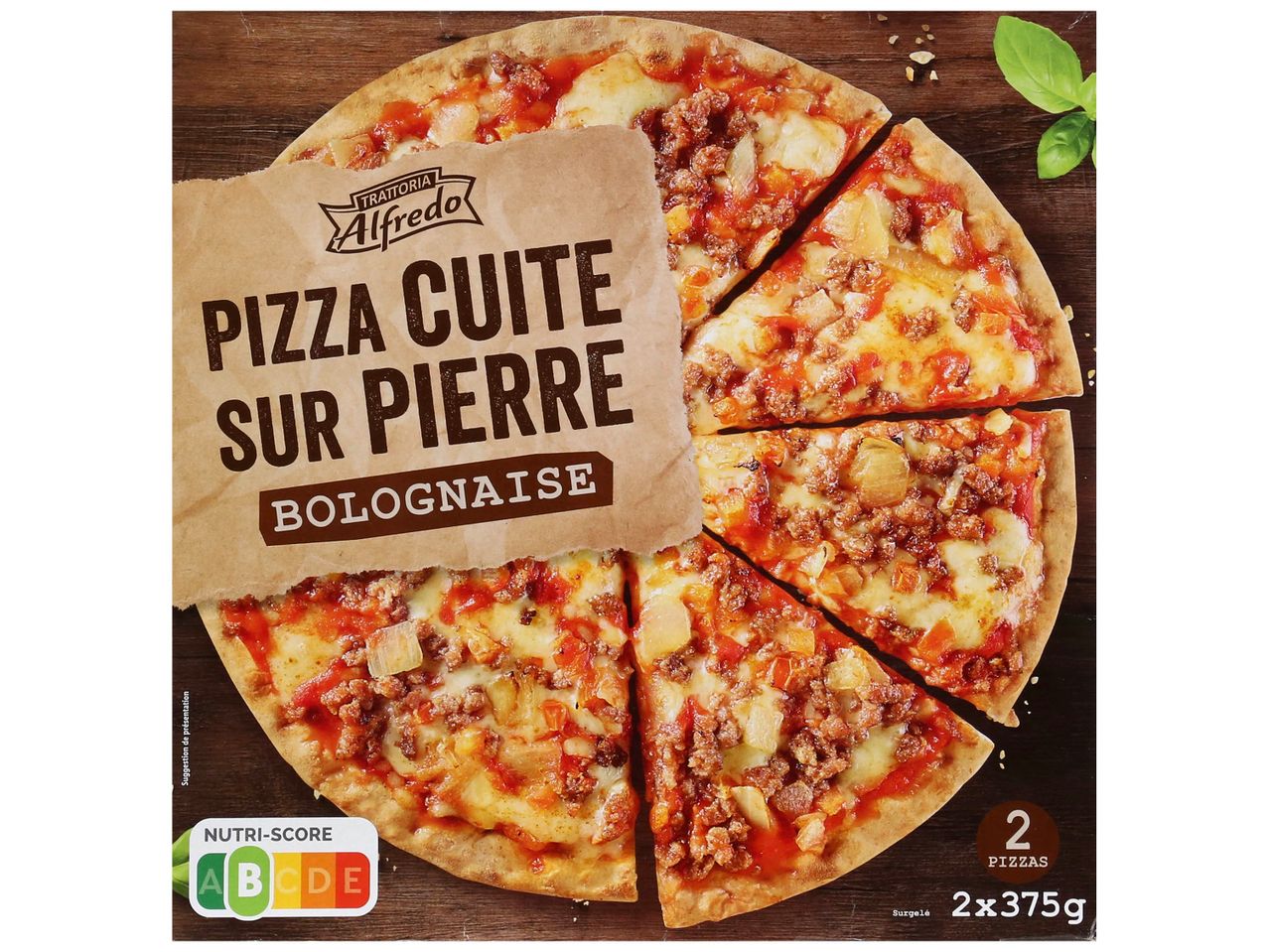 Deux pizzas surgelées Alfredo à la bolognaise, cuites sur pierre.