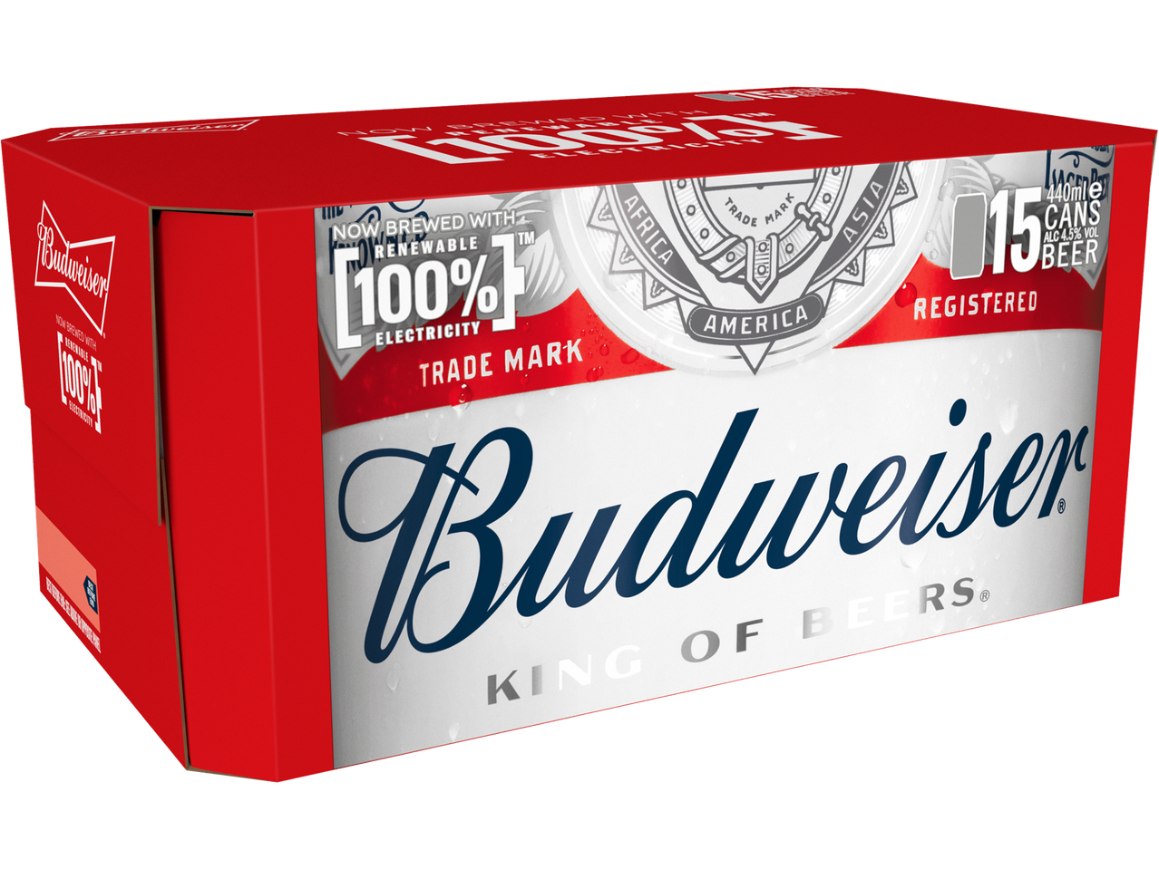 Budweiser Lager 15-pack of 440ml cans, brewed with 100% renewable electricity.
