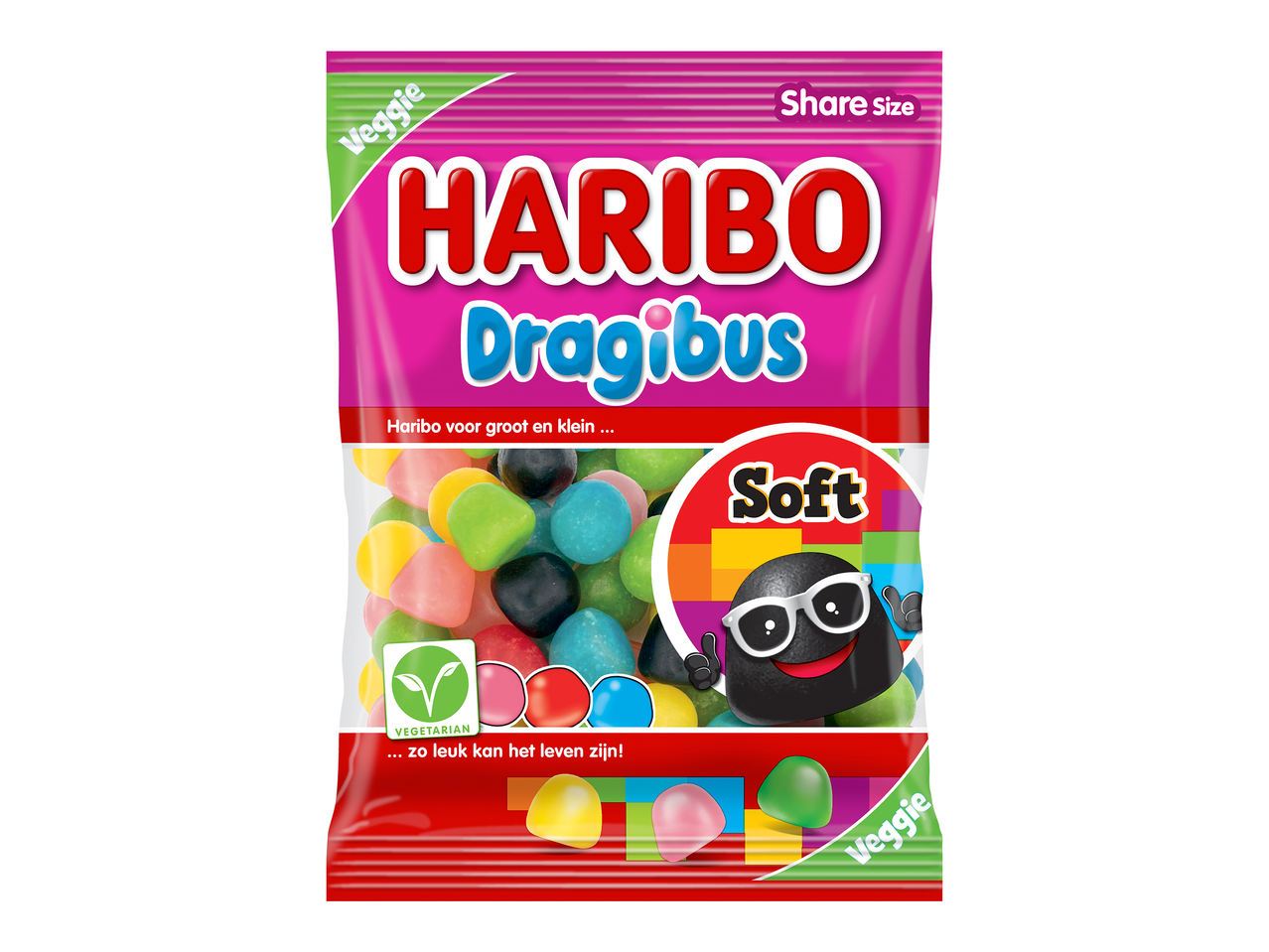 Roze zak met zachte, kleurrijke vegetarische snoepjes, met de tekst 'Share Size' en 'Soft'.