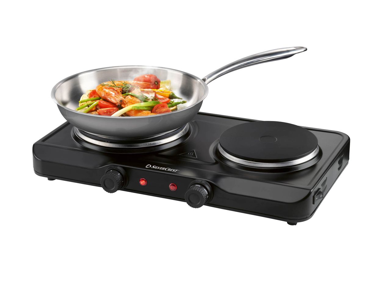 SilverCrest double hot plate with a pan of stir-fry on one burner