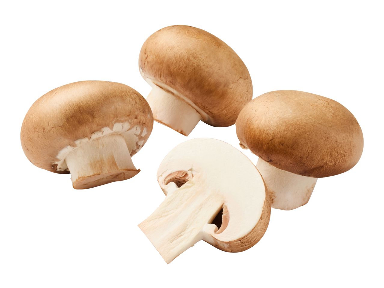 Four brown mushrooms, one cut in half, on a white background.
