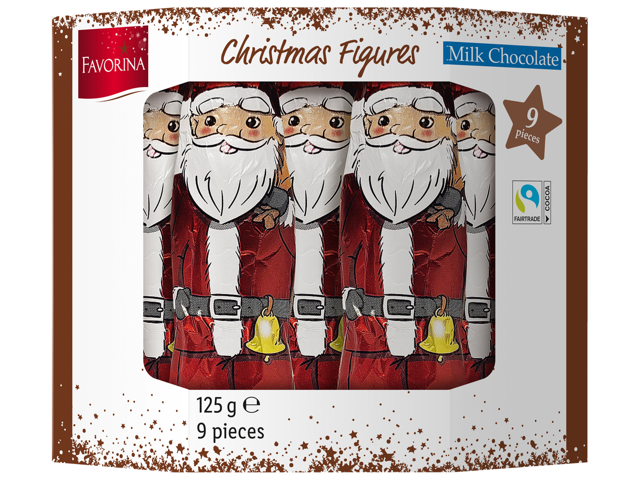 Favorina kalėdinės pieninio šokolado figūrėlės, 9 vnt., 125 g.