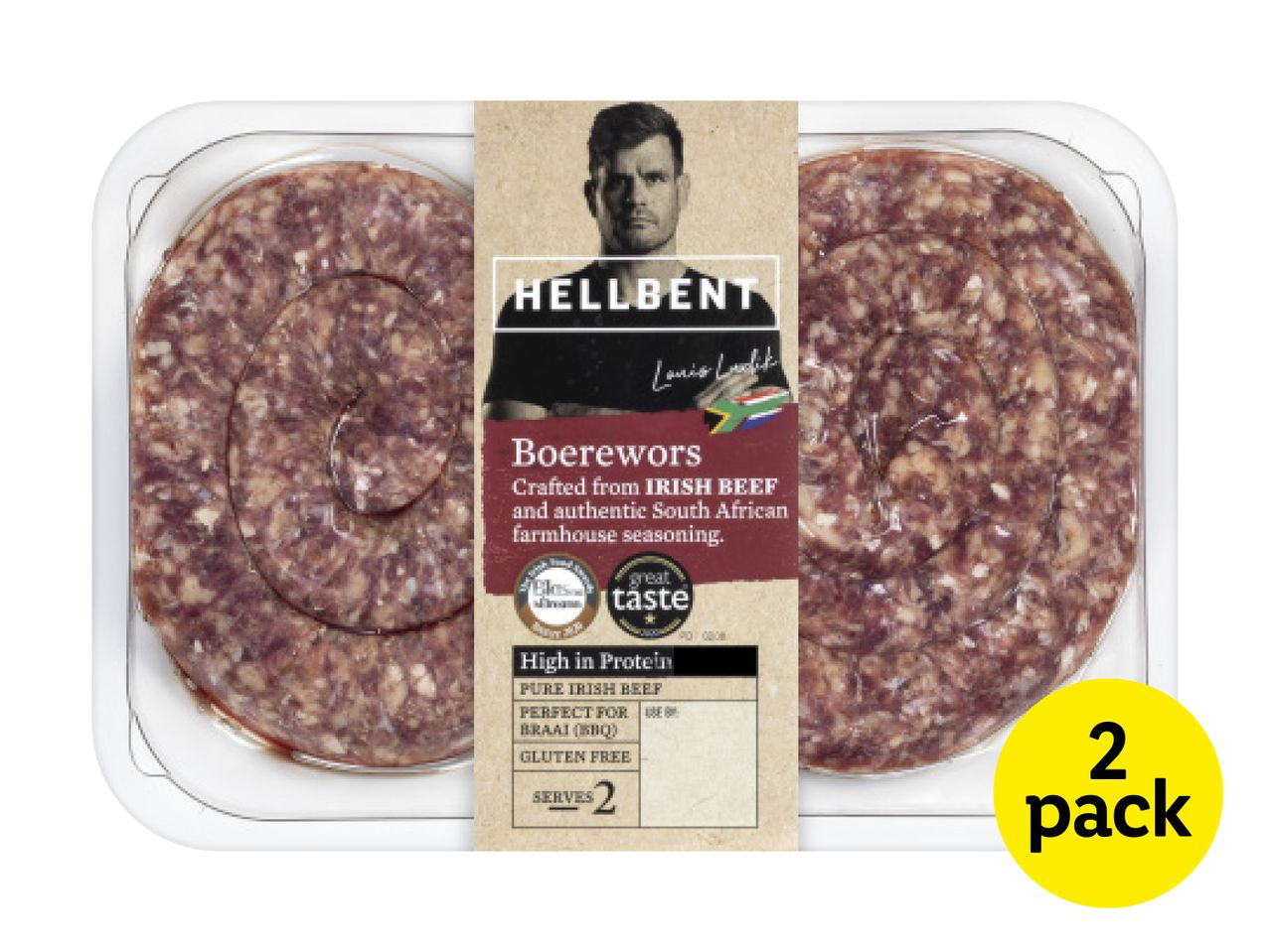 Hellbent Boerewors, a 2-pack of Irish beef sausages with South African seasoning.